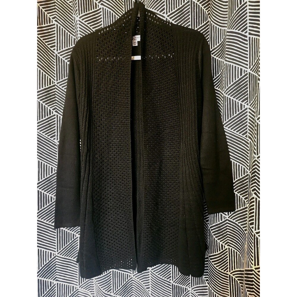Rebecca Malone Open Weave Front Fitted Duster Cardigan Sm Petite Black Sweater